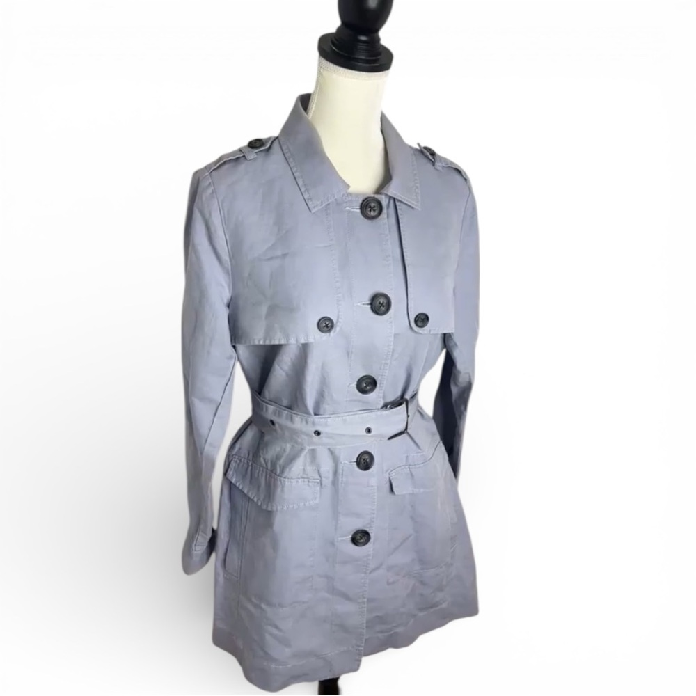 CAbi Tanner Linen Blend Belted Trench Coat Blue Gray Jacket M